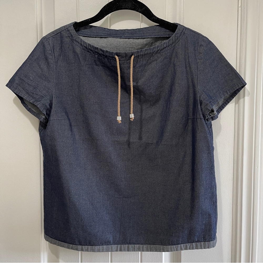 Denim short sleeve peasant bohemian shirt with front leather tassels with beads